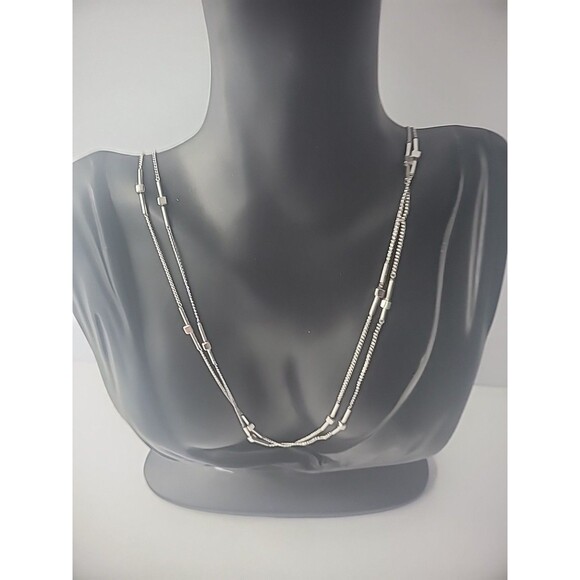 Vintage Necklace Silver Tone Double Strand Chain Bead Bar Jewelry Costume - Picture 2 of 12